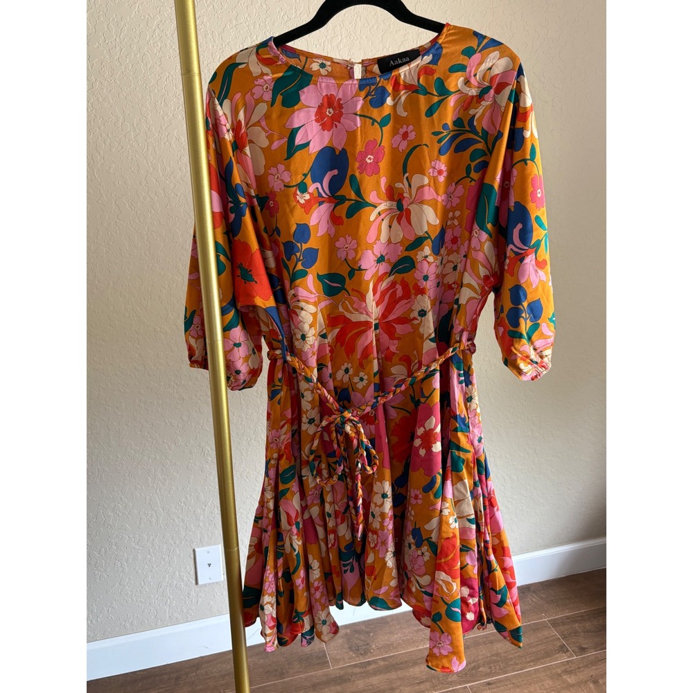 Aakaa Mini Floral Dress Boho Braided Belt L 60s 70s Cottagecore Retro‎ Fall